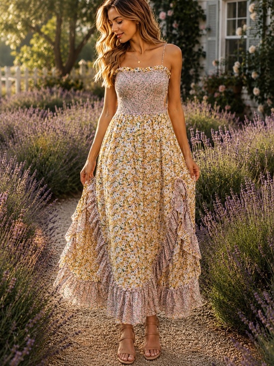 Gigio Dresses & Skirts - GiGiO Floral Smocked Ruffle Maxi Dress Cottagecore Boho Small